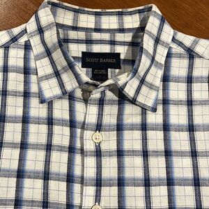 Scott Barber Men’s Linen Blend Short Sleeved Plaid Shirt Size Large.